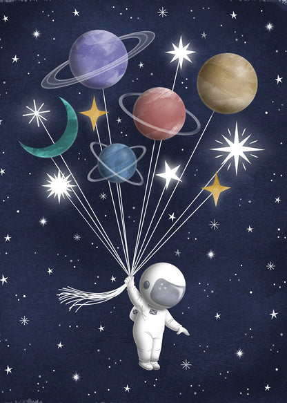 Illustration of an astronaut holding balloons shaped like planets and stars against a starry night sky.