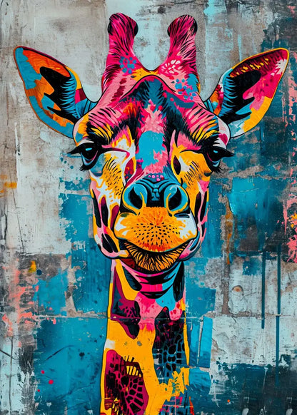 Colorful giraffe painting on a textured wall
