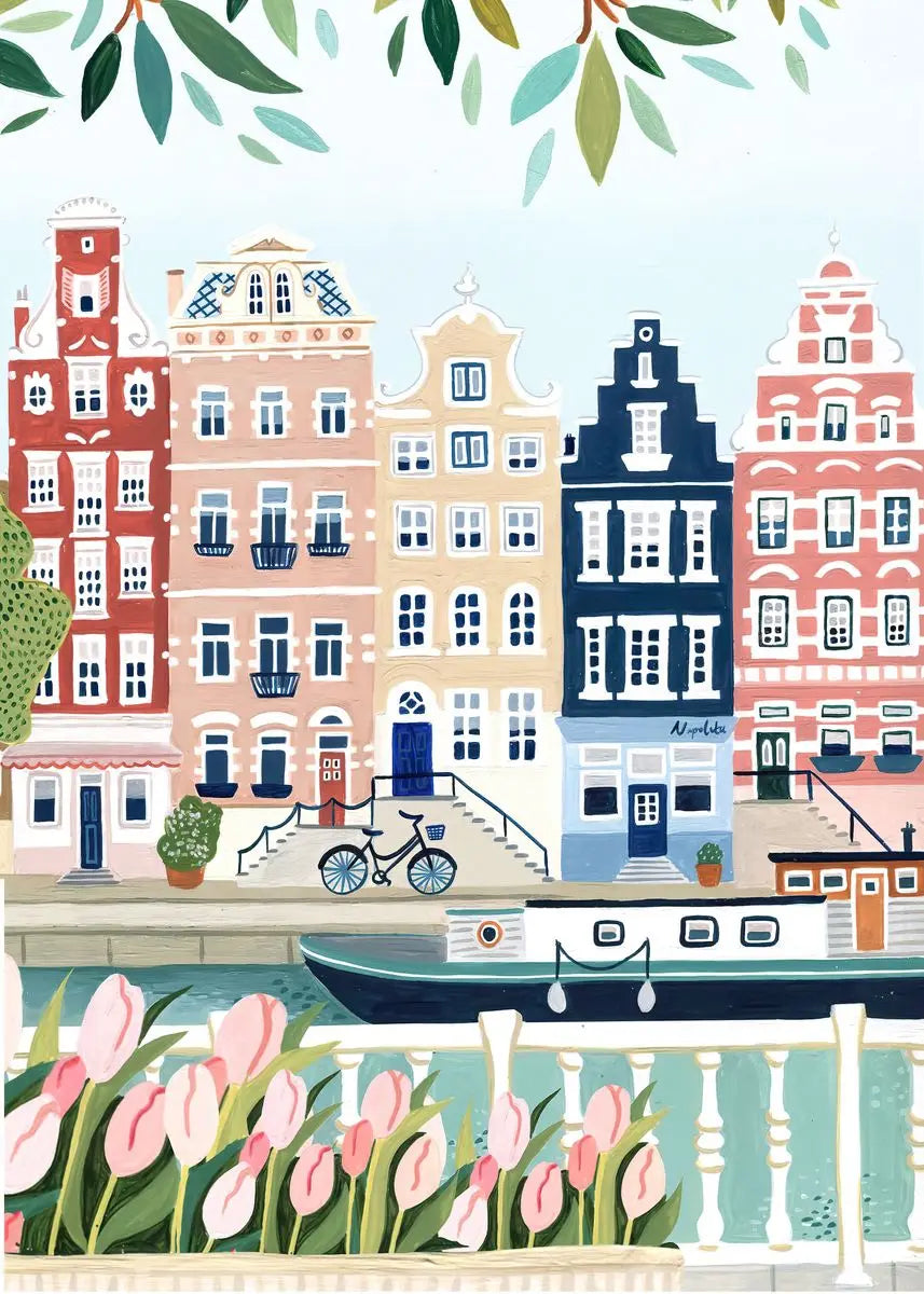 Illustration of a canal scene with colorful buildings and a boat, framed with green leaves.