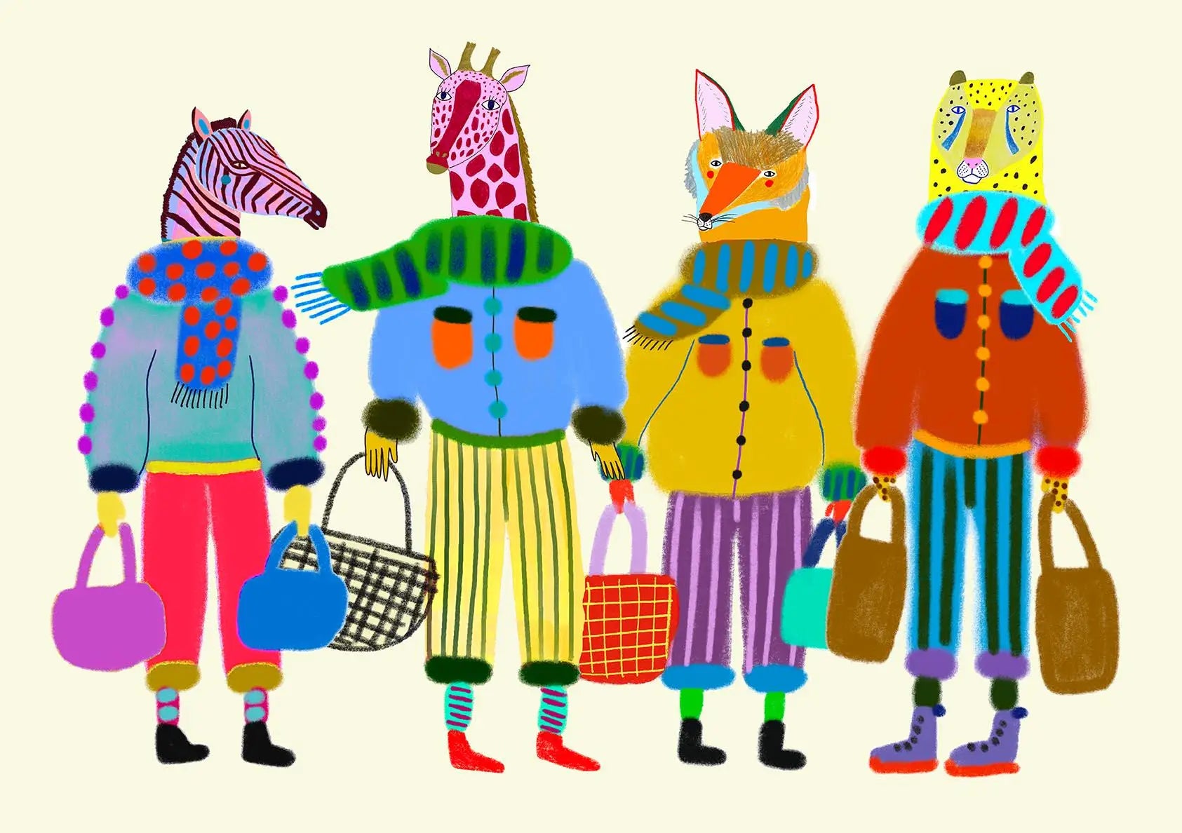 Colorful illustration of animals wearing clothes and scarves on a beige background