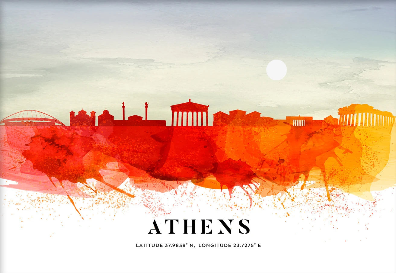 Artistic depiction of Athens skyline with red and orange watercolor effect on a light gray background.