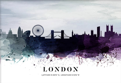 Artistic depiction of London skyline with watercolor texture