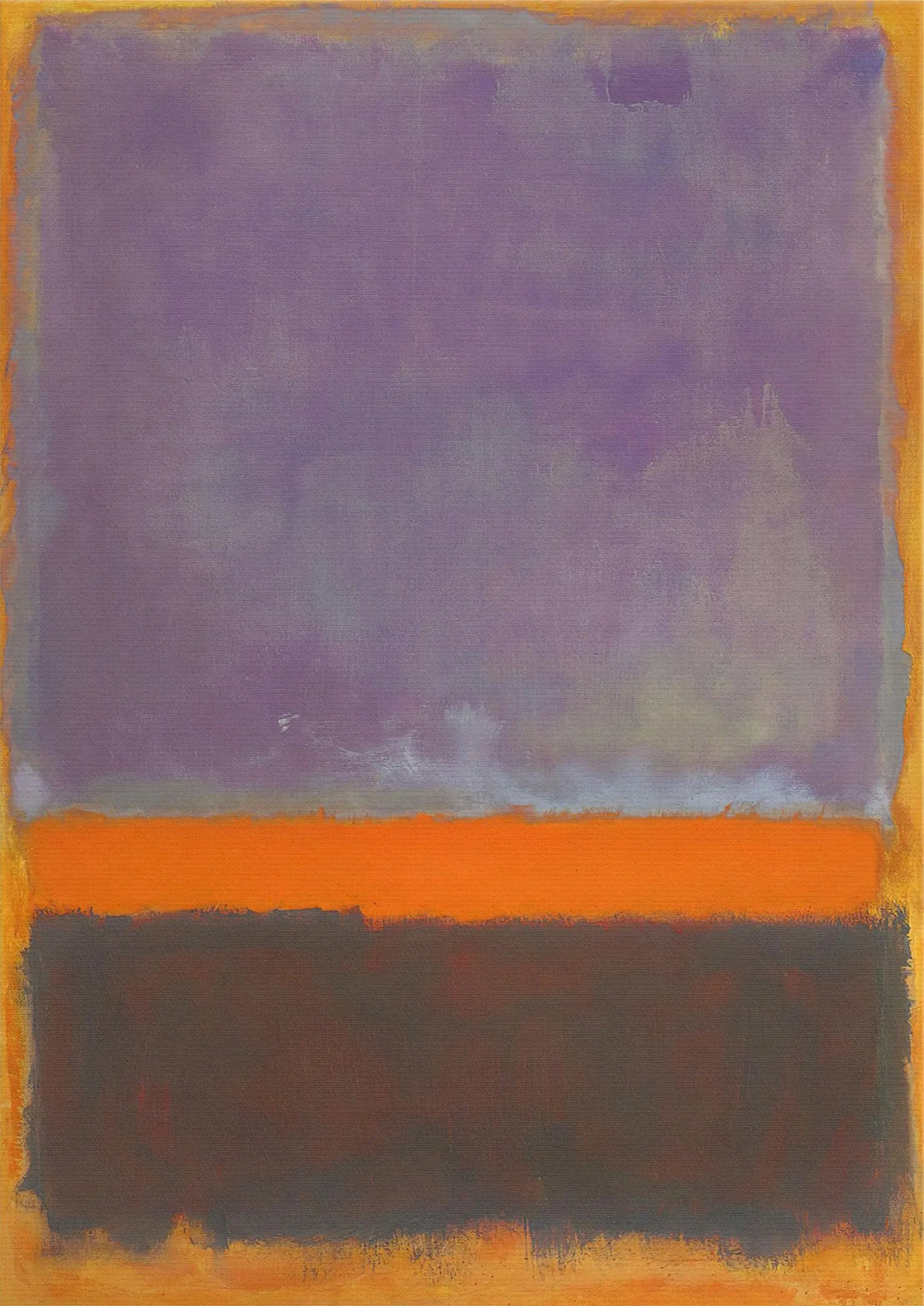 Abstract art piece with a horizontal orange stripe on a purple background