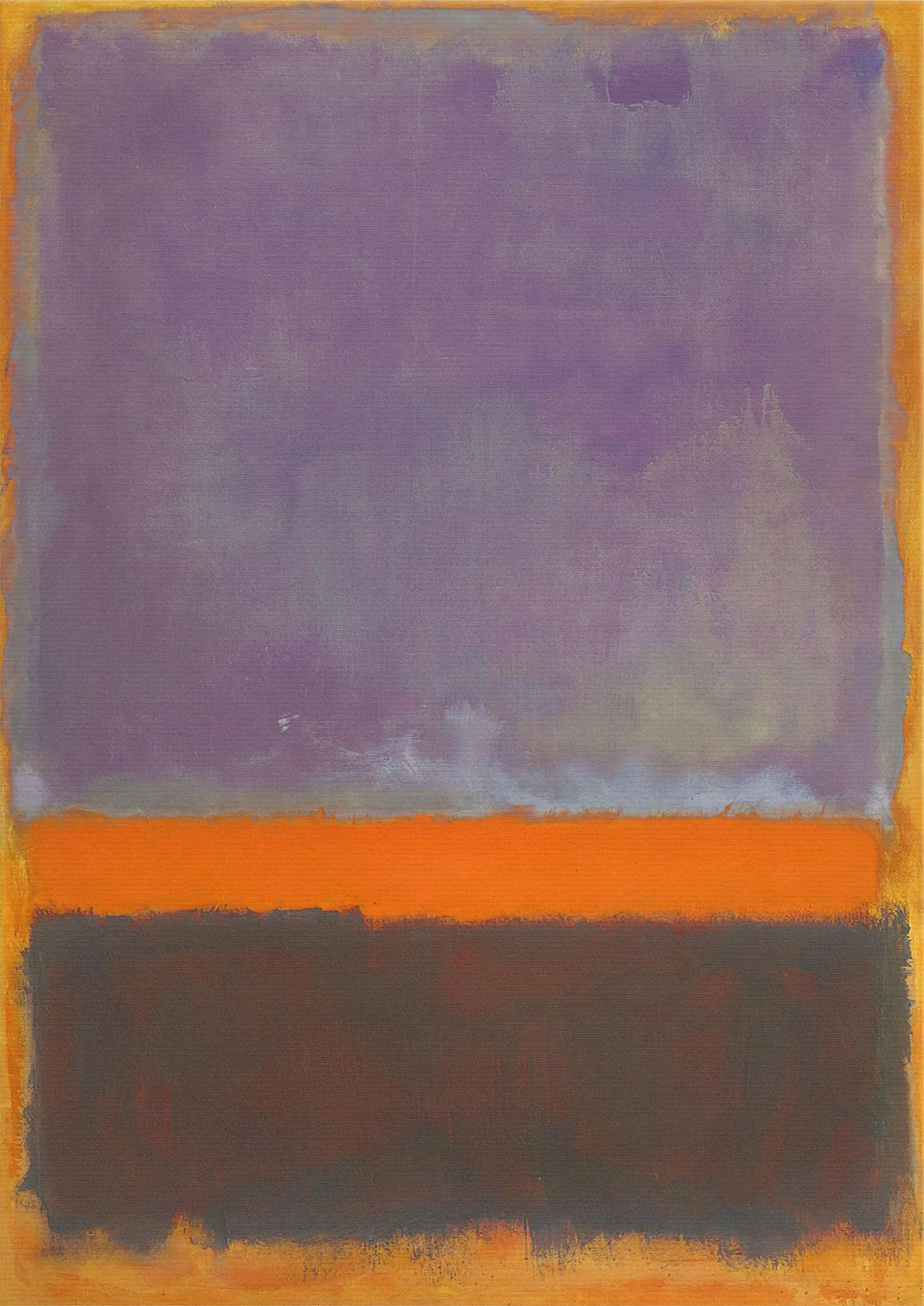 Abstract art piece with a horizontal orange stripe on a purple background
