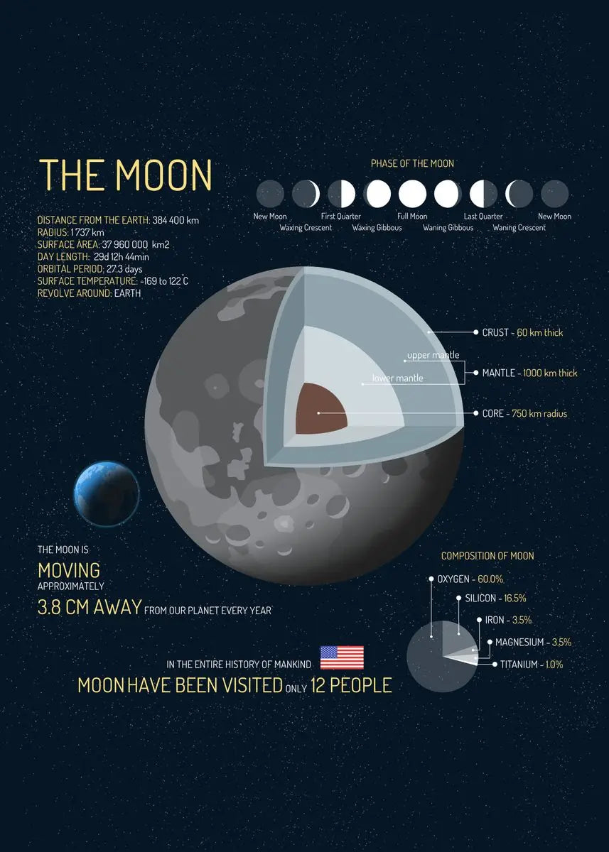 Infographic of the Moon's structure and phases on a dark background