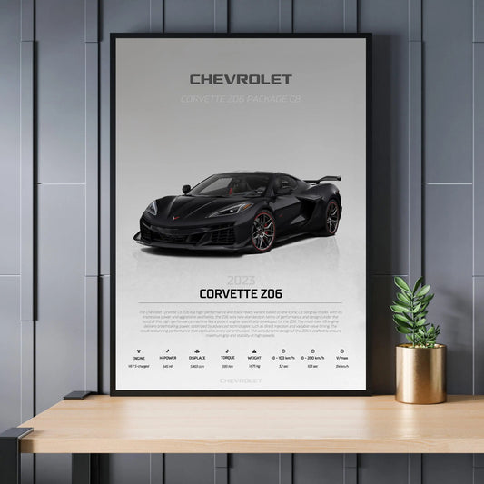 Framed poster of a black Chevrolet Corvette Z06 on a wall above a wooden desk. Canvas & Curio