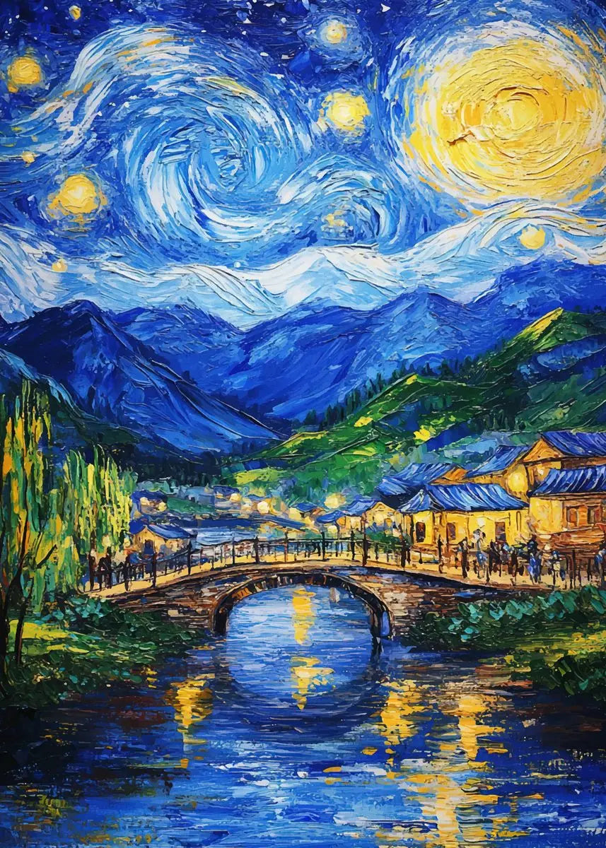 Starry night over a village with mountains and a bridge