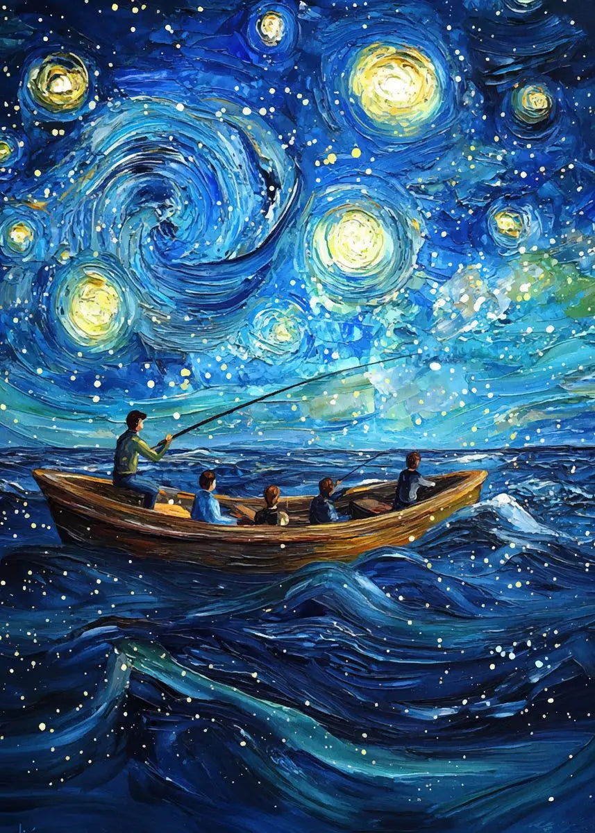 Starry night sky with swirling patterns, a boat with people fishing on water.