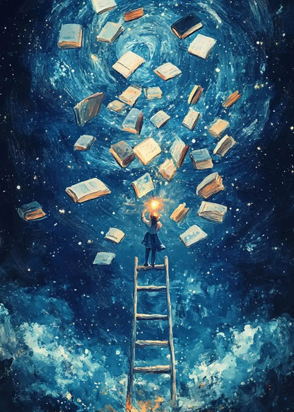 Person climbing a ladder towards floating books in a starry night sky