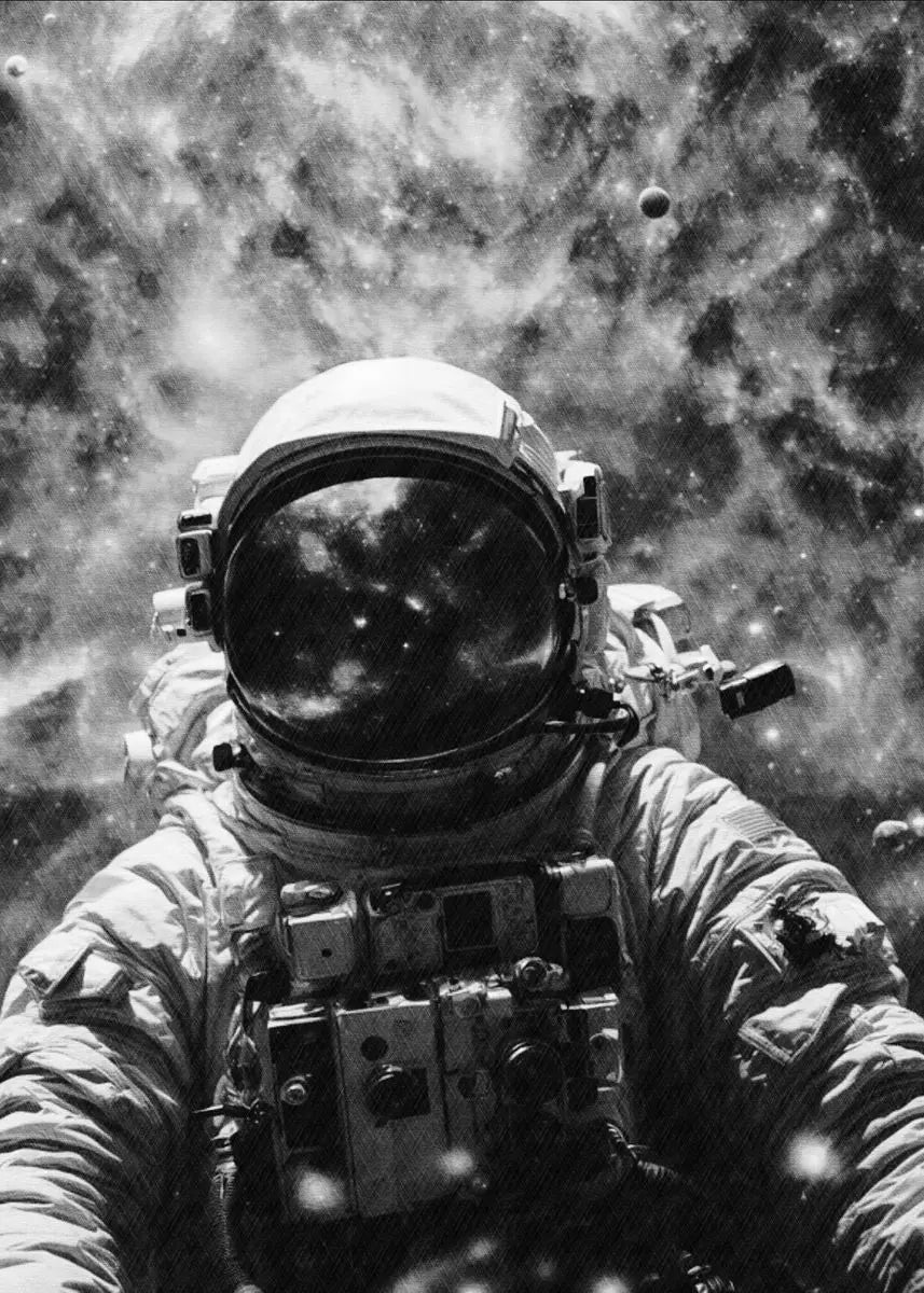 Black and white photograph of an astronaut in space with Earth visible through the helmet.