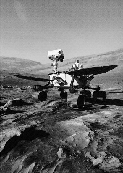 Space rover on a rocky surface with a barren landscape in the background