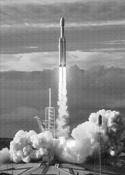 Rocket launch with smoke and clouds in the background