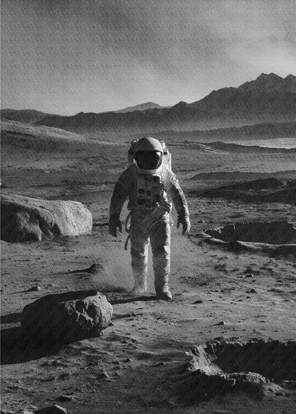 Astronaut in a spacesuit on a barren landscape with mountains in the background