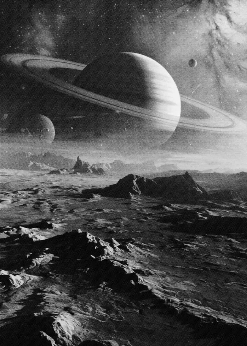 Black and white illustration of a moon landscape with Saturn in the background