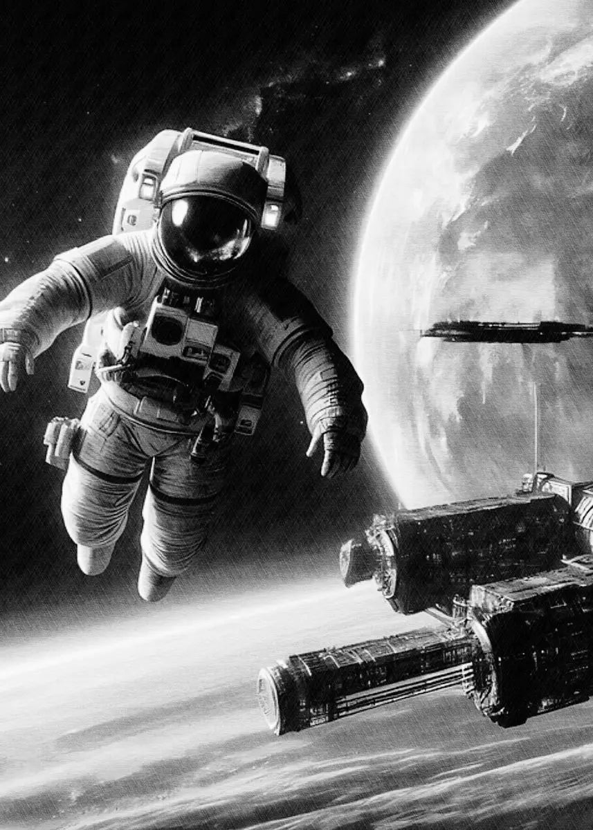 Black and white image of an astronaut in space with a spacecraft and planet in the background