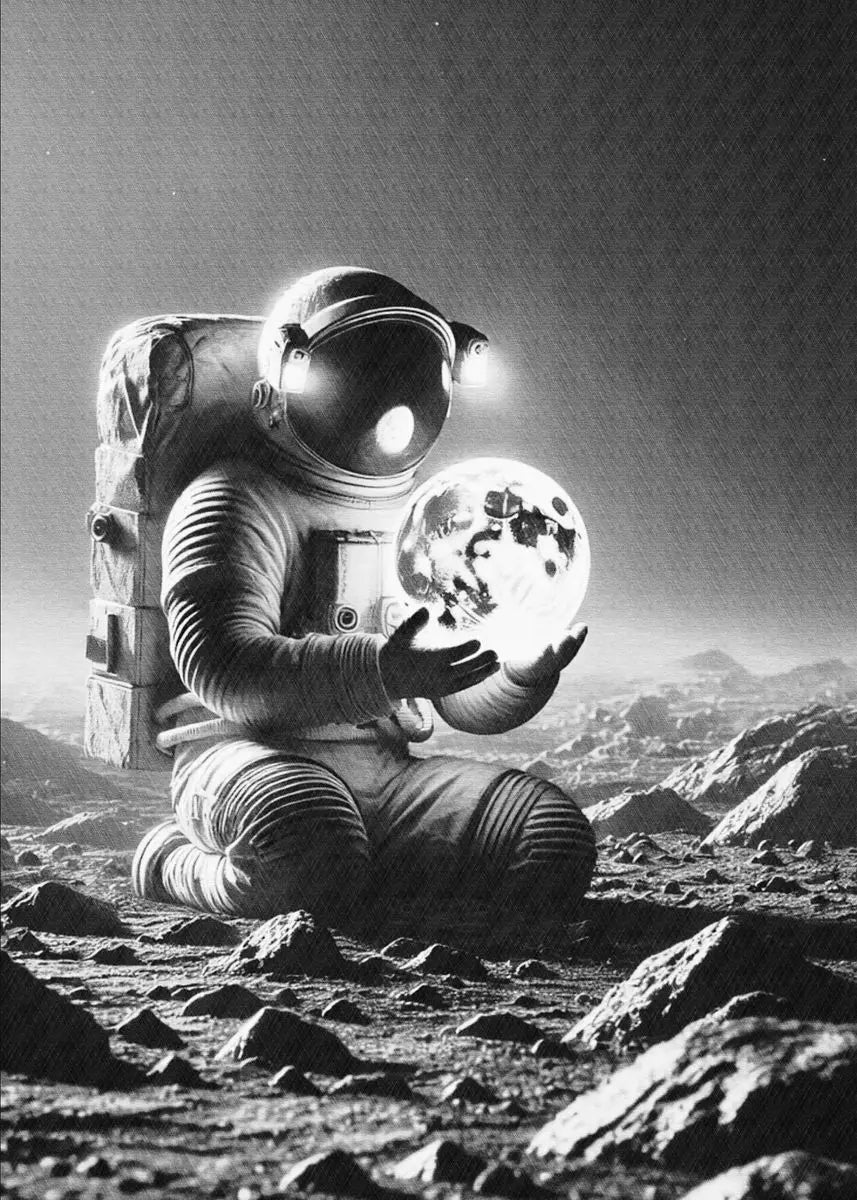 Astronaut on the moon holding a crystal ball with a cityscape inside.