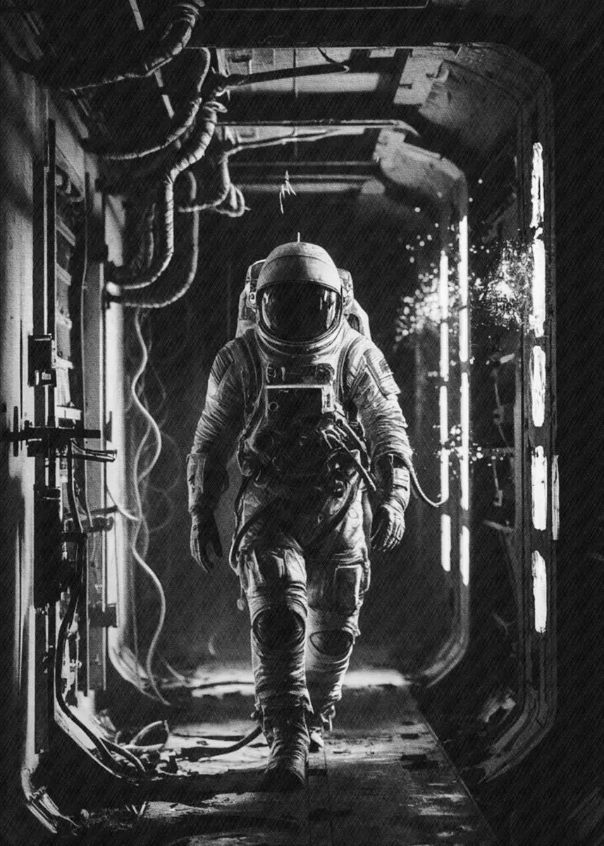 Astronaut in a space suit walking through a spacecraft corridor.