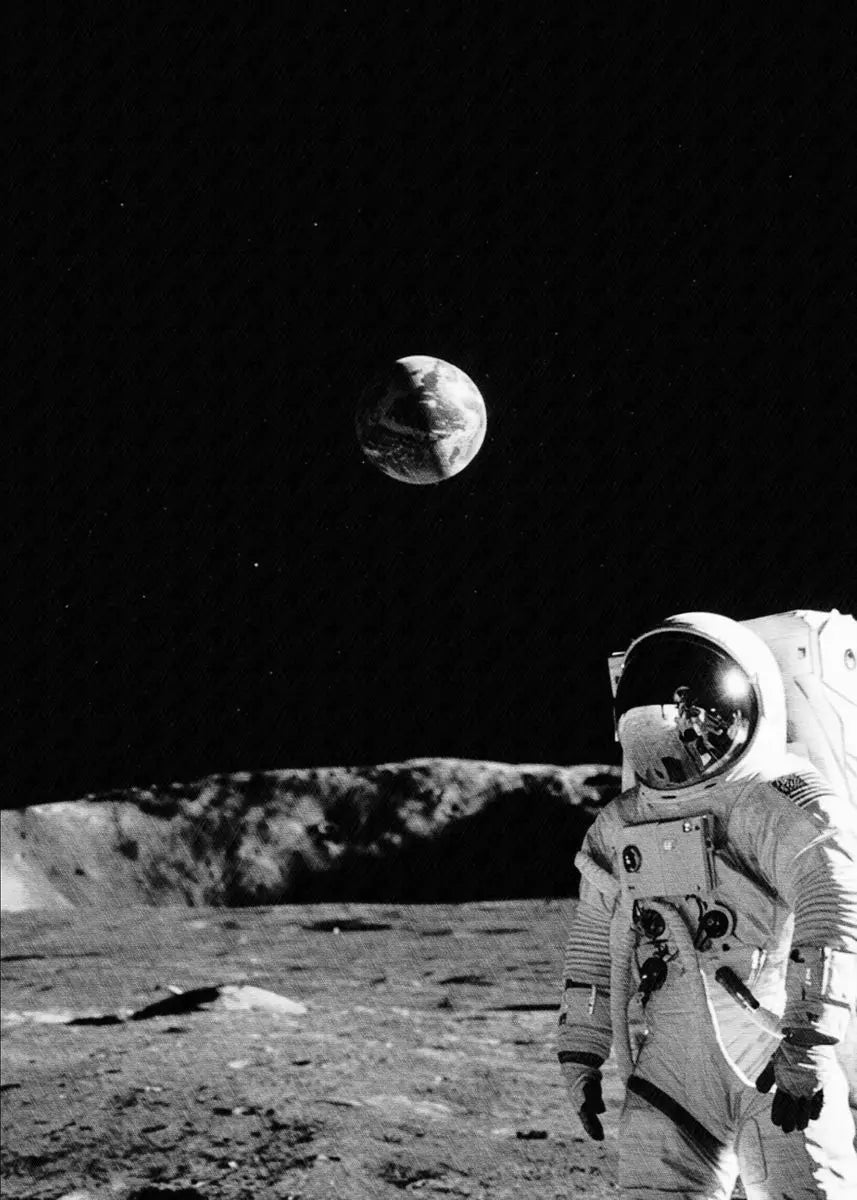 Apollo 11 astronaut on the lunar surface with Earth in the background