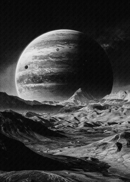 Black and white illustration of a barren landscape with a large planet in the sky