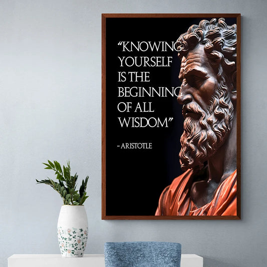 Framed artwork with classical statue and Aristotle quote on a wall. Canvas & Curio
