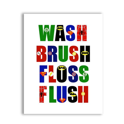Poster with superhero-themed bathroom words 'Wash', 'Brush', 'Floss', 'Flush' on a white background