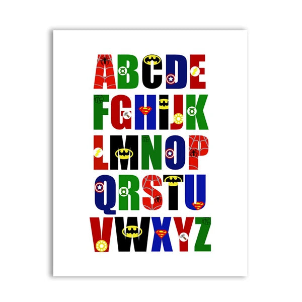 Superhero-themed alphabet letters on a white background