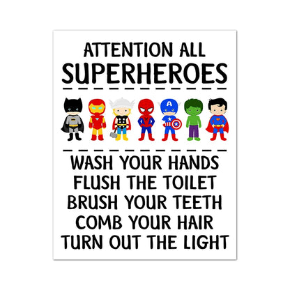 Poster with superhero characters and hygiene instructions on a white background