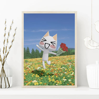 Framed artwork of a cartoon cat holding a flower in a field with trees and blue sky.