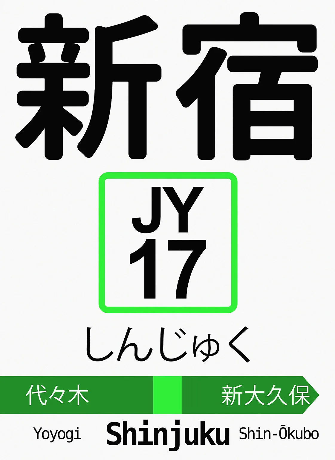 Shinjuku station sign with JY17 indicator and Yoyogi and Shin-ókubo stations on a white background