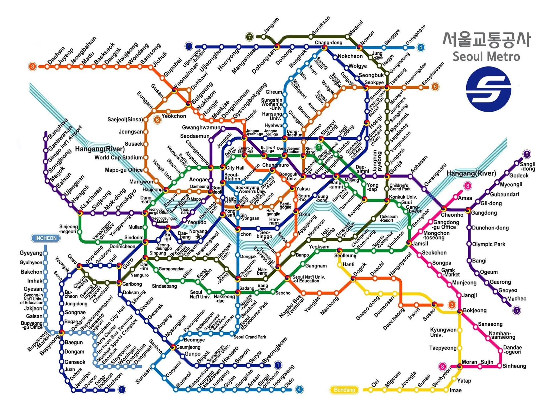Seoul Metro map with colorful lines and station names