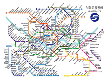 Seoul Metro map with colorful lines and station names
