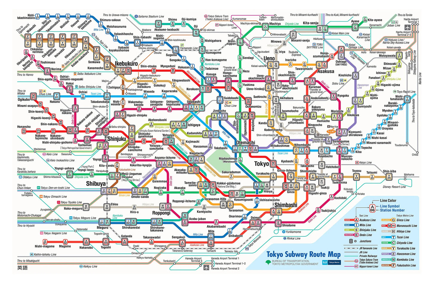 Colorful Tokyo Subway Route Map with various lines and stations.