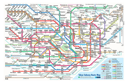 Colorful Tokyo Subway Route Map with various lines and stations.
