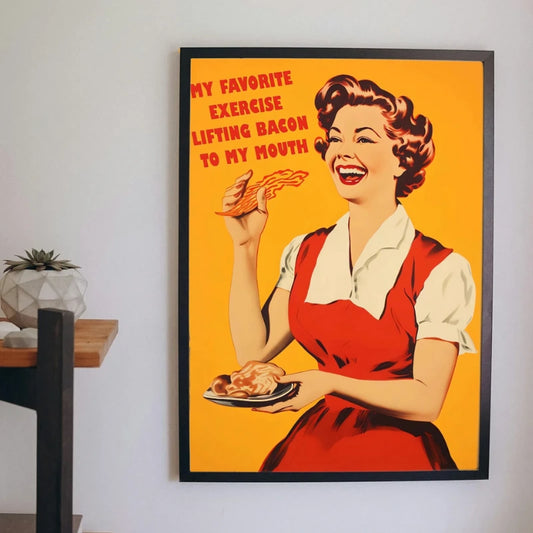 Framed poster of a woman eating bacon with humorous text on an orange background. Canvas & Curio