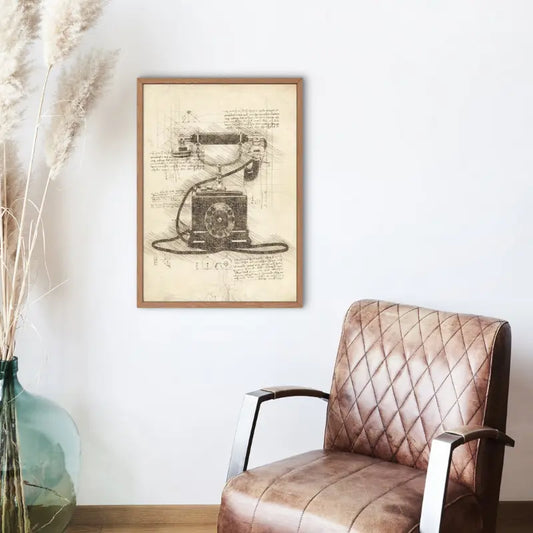 Brown armchair in a room with a framed vintage-style phone poster on the wall. Canvas & Curio
