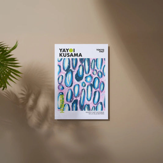 Yayoi Kusama poster with abstract design on a beige wall Canvas & Curio