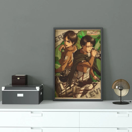 Framed artwork of two animated characters on a gray wall with a white shelf. Canvas & Curio