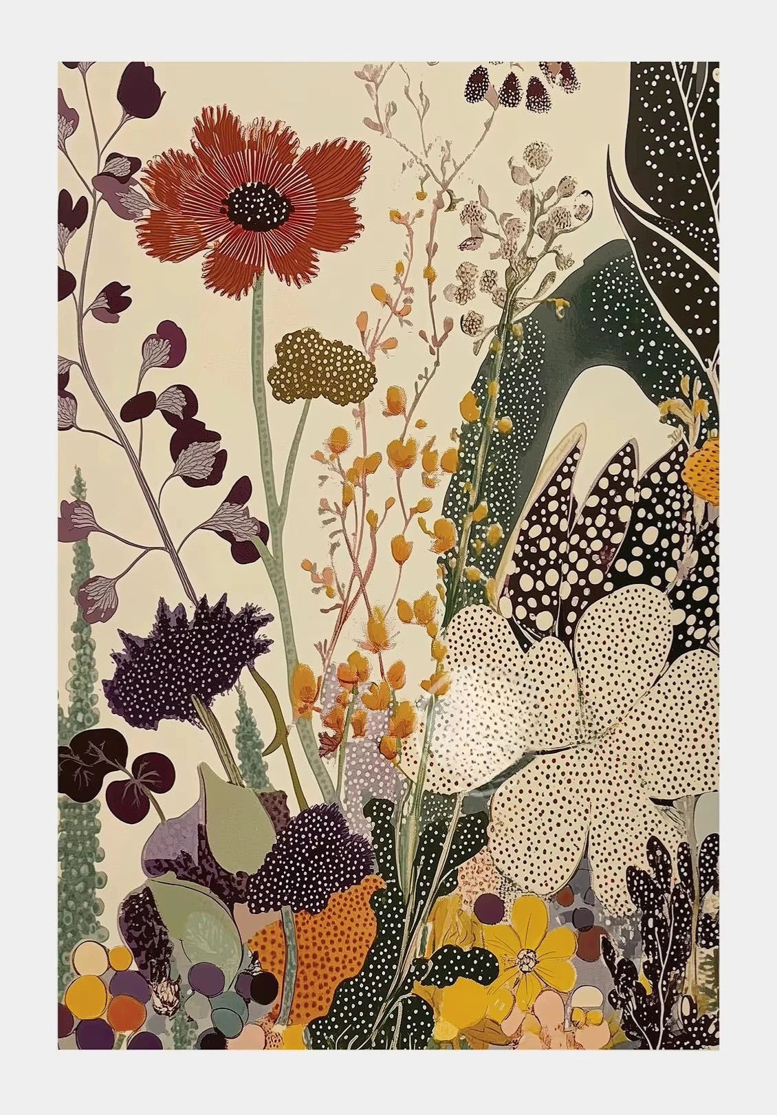 Colorful floral and plant pattern on a beige background