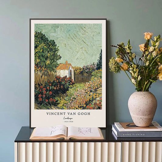 Framed Vincent Van Gogh artwork on a shelf with a vase of flowers and books. Canvas & Curio