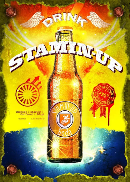 Vintage-style advertisement for 'Drink Stamin' Up' soda with a bottle and colorful background.