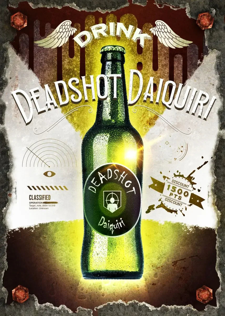 Promotional poster for 'Deadshot Daiquiri' with a green bottle and vintage design elements.