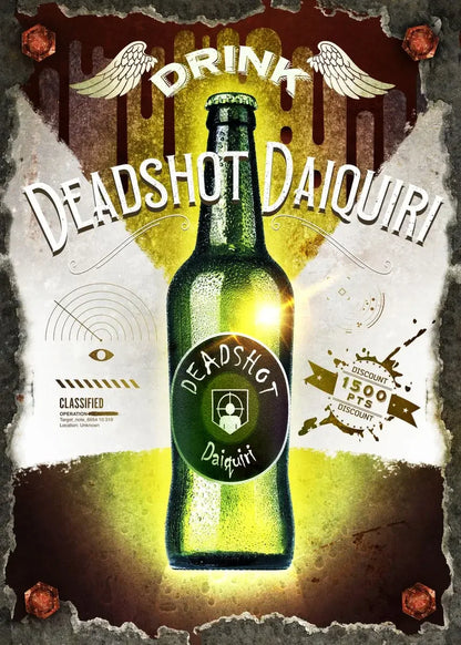 Promotional poster for 'Deadshot Daiquiri' with a green bottle and vintage design elements.