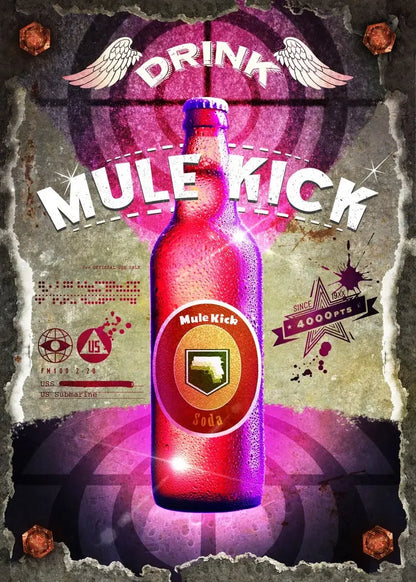 Mule Kick soda bottle with vintage-style packaging and text.