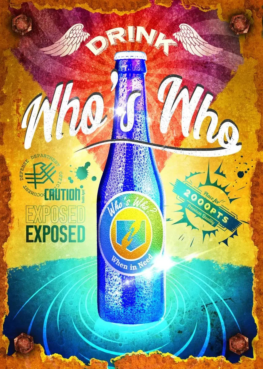 Colorful poster with a blue bottle labeled 'Who's Who' against a vibrant background.