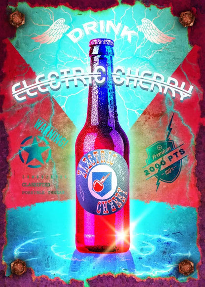 Colorful advertisement for Electric Cherry beer bottle with abstract design elements.