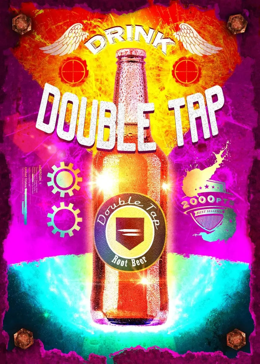 Double Tap Root Beer bottle with colorful background and text