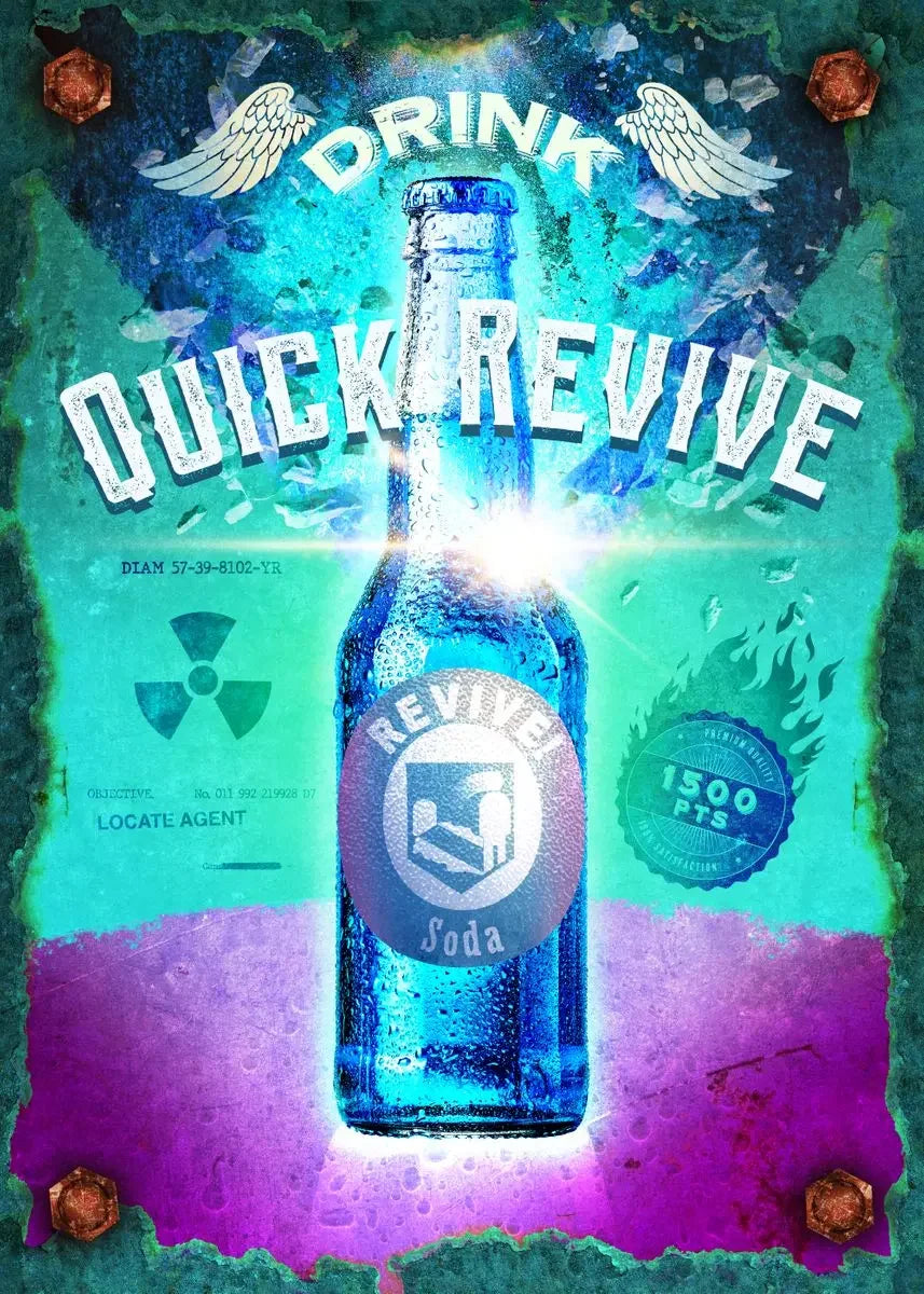 Blue bottle labeled 'Quick Revive' with a colorful, abstract background
