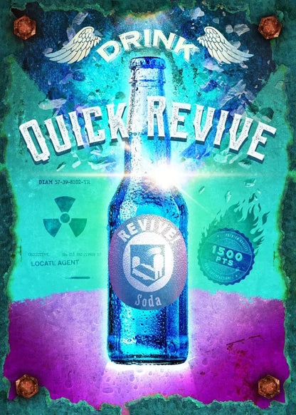 Blue bottle labeled 'Quick Revive' with a colorful, abstract background