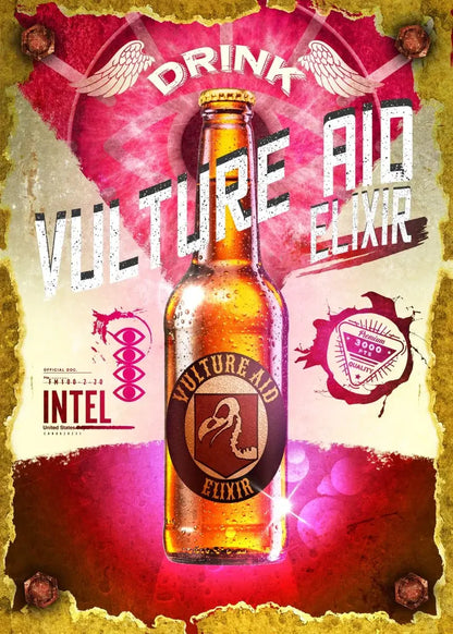 Vulture Aid Elixir bottle with promotional text on a colorful background