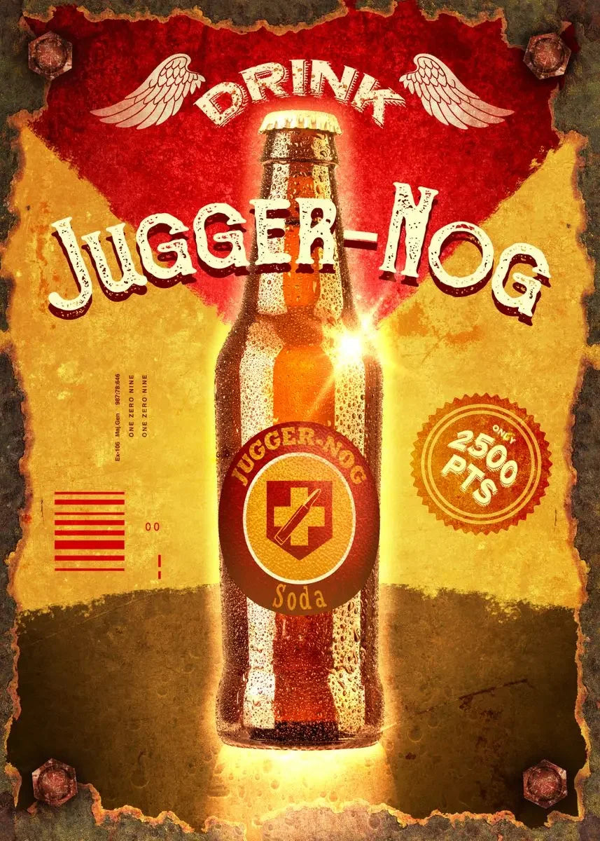 Vintage-style poster of a bottle labeled 'Jugger-Nog' with a fiery background.